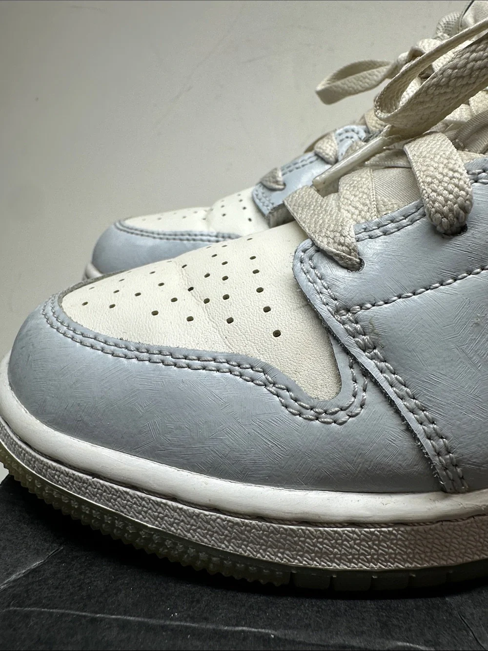 Air Jordan Kids Mid-Top Sneakers in White and Light Blue with Iridescent Swoosh